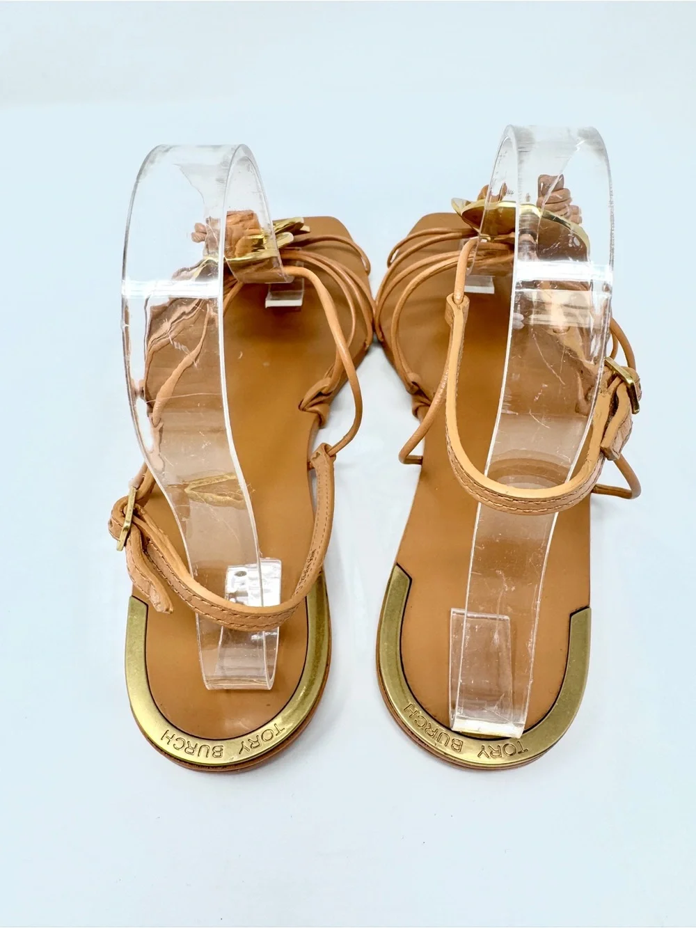 Tory Burch Artisanal Knot Tan Leather Sandal with Gold Accents